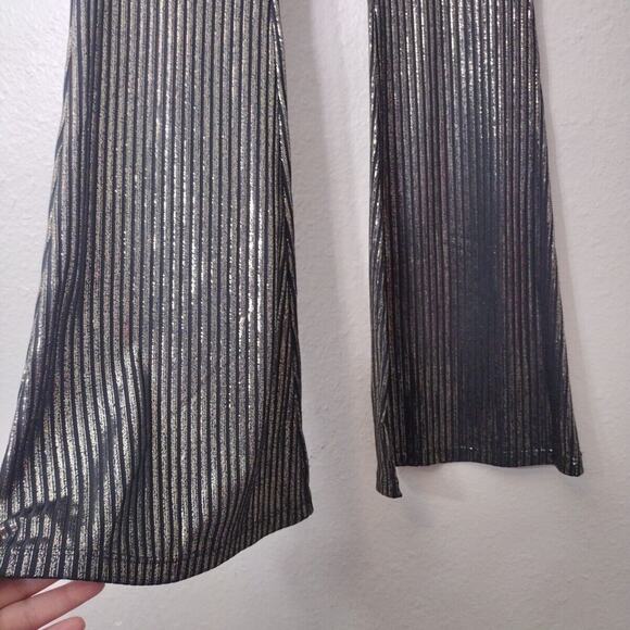 Metallic Disco Pants  Slim Striped Wide leg High Rise Flare Gold Black Size M - Picture 5 of 9